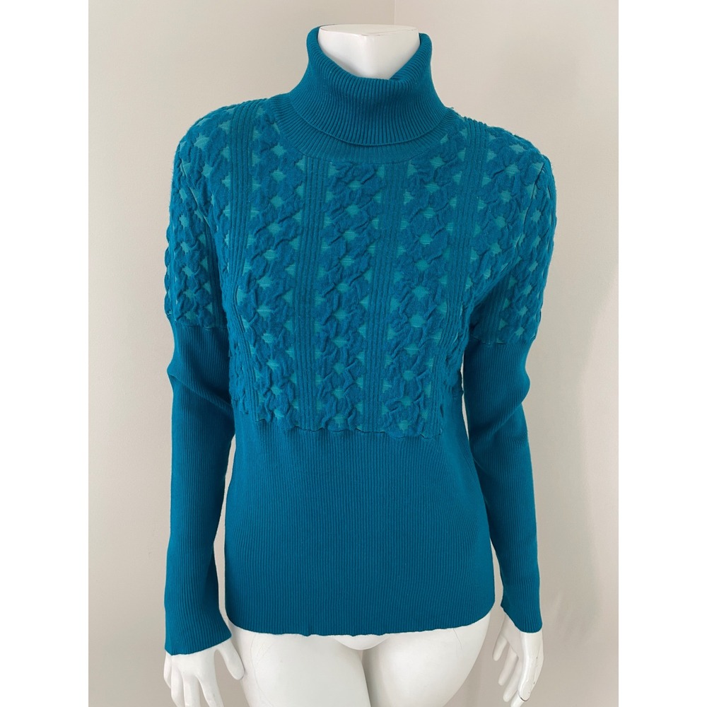 Alison Sheri Teal Blue Textured Lattice Ribbed Turtleneck Sweater Sz Large